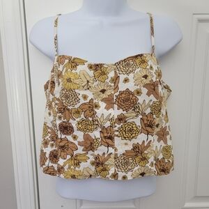 C&C California Linen Blend Crop Top Cream Tan Floral Sleeveless Smock Back Sz 10